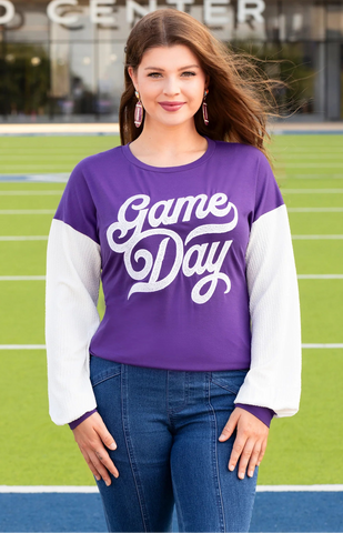 GAME DAY white sequin long sleeve - purple