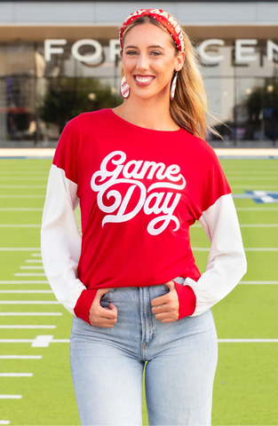 GAME DAY white sequin long sleeve - red