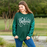 2X, 3X : Believe top with green sequin sleeves