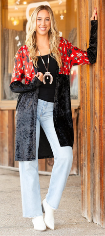 Black velvet Western print cardigan