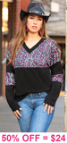 Pink Leopard, Black v-neck, long sleeve top