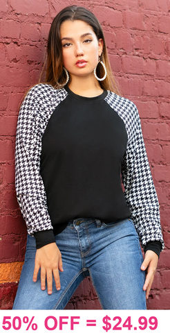 Houndstooth long sleeve black top