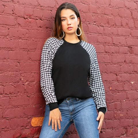 Houndstooth long sleeve black top