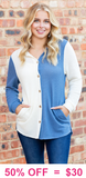 Blue & Cream waffle knit button up top