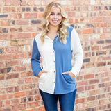 Blue & Cream waffle knit button up top