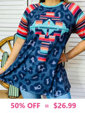 Serape Short Sleeve Top with Blue Leopard and Tribal Cross
