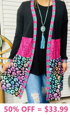 S/M : Pink Toole, Turquoise Concho, Multi Leopard Cardigan