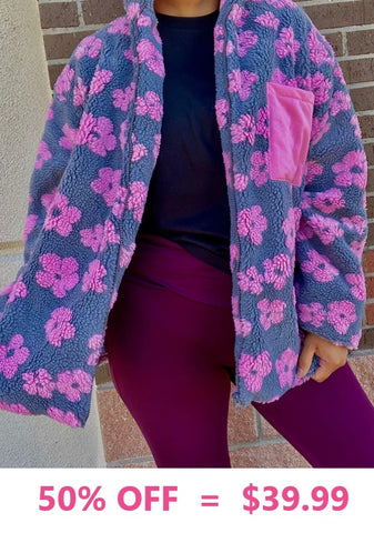 Flower Zip front Sherpa with pink satin linning & pockets