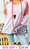 Blush Waffle Knit top Sequin Shoulders and Leopard Bell Sleeves