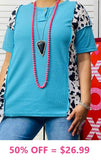 3X..Turquoise waffle knit top cow print sides