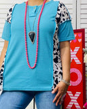 3X..Turquoise waffle knit top cow print sides