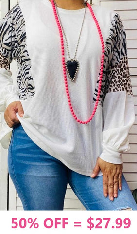 White long sleeve top with zebra and leopard print