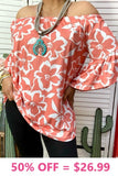 3X . Coral and White flower print top with bell sleeves