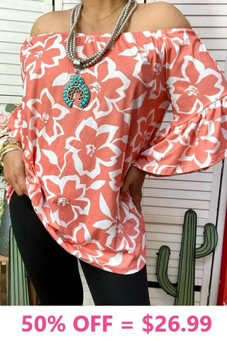 2X, 3X Coral and White flower print top with bell sleeves