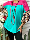 Turquoise and Pink Top with leopard bell sleeves