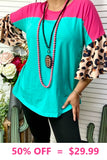 Turquoise and Pink Top with leopard bell sleeves