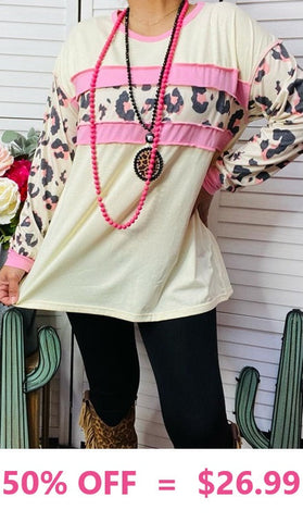 XL, 2X : Cream Leopard long sleeve top with pink stripes
