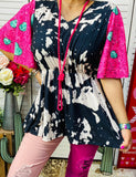 Black & White print op with pink turquoise heart bell sleeves
