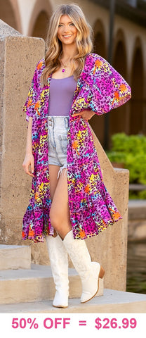 Purple Multi Color Leopard kimono with ruffle trim