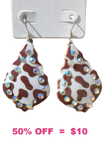 Brown cow print bling earrings