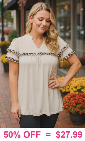 Cream top with leopard ruffle details