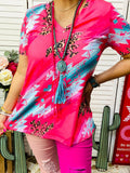 S, L Pink, Leopard, Turquoise tribal print top