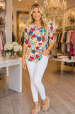 White Top With Floral Scroll Print Criss Cross Neck