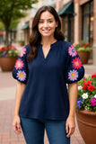 Navy Blouse With Embroidery Puff sleeve
