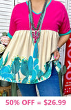 Pink, Cream, Turquoise cactus baby doll top
