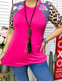 S, L, XL, 3X Pink Top with grey floral & leopard short sleeves
