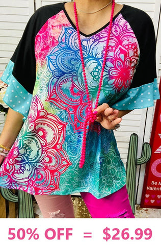 L, 2X, 3X : Turquoise, Pink, Muti color flower bell sleeve top