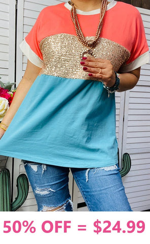 S, L, 3X Coral, Sequin, Turquoise color block top