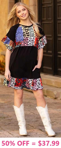 Black Dress with patchwork leopard print ruffle trim