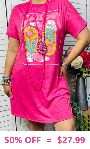 Pink T-shirt dress with cowboy boot graphic