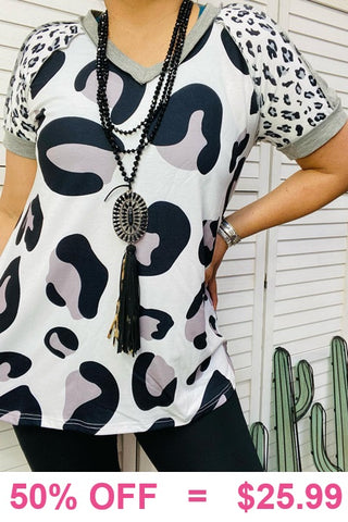 Small...Large Grey, White, Black leopard short sleeve top