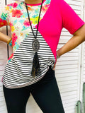 Floral, Pink, Stripe color block top