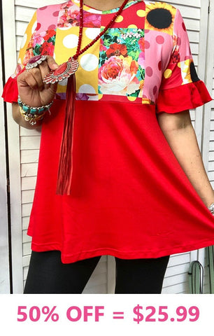 BEAUTIFUL Red & Patchwork floral blouse
