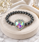 Bling Heart, Silver Navajo pearl, stretch bracelet