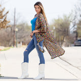 Tan duster with colorful leopard print