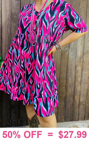 PRE ORDER : Pink, Black, Turquoise Blue zebra print dress