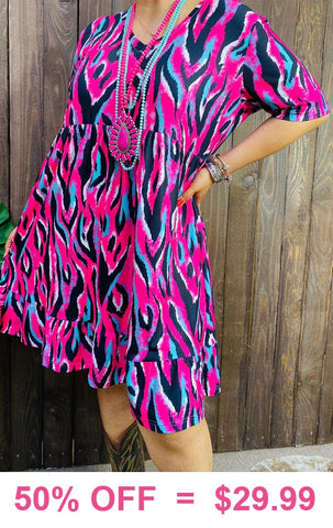 Pink, Black, Turquoise Blue zebra print dress