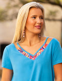 Blue top with colorful , neck cutout