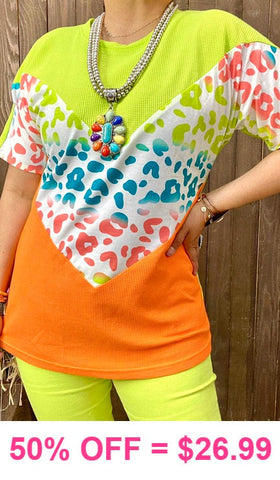 Neon, Leopard, Color Block waffle knit top