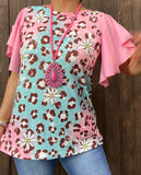 3X : Light Pink leopard flower print top with flutter sleeves