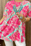 S, M, L Pink & Turquoise Patchwork  floral design baby doll top