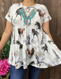 White Baby Doll Top with Horse print