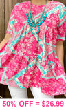 S, M, L Pink & Turquoise Patchwork  floral design baby doll top