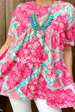 S, M, L Pink & Turquoise Patchwork  floral design baby doll top