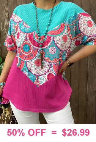 S,M,L, XL, 2X Turquoise, Pink, color block waffle knit top