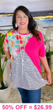Floral, Pink, Stripe color block top